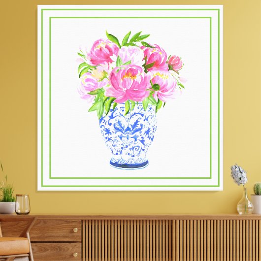 Roze Pioen Chine de Vaas Groene Rand Canvas Afdruk (Insitu (Woonkamer))