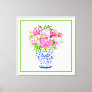 Roze Pioen Chine de Vas Groen Rand Canvas Afdruk