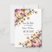 Roze pioen en gele bloemen bruiloft save the date (Voorkant)