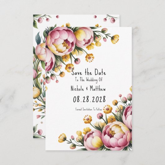 Roze pioen en gele bloemen bruiloft save the date (Voorkant / Achterkant)