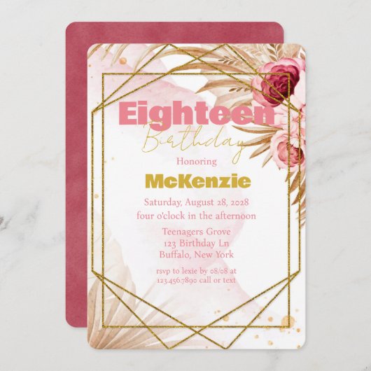 Roze Pioen Goud Glitter 18e Verjaardagsfeest Kaart (Voorkant / Achterkant)