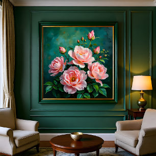 Roze Pioen Kunstwerk op Smaragdgroen Perfect Poster