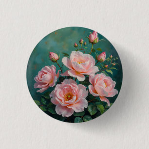 Roze Pioen Kunstwerk op Smaragdgroen Ronde Button 3,2 Cm