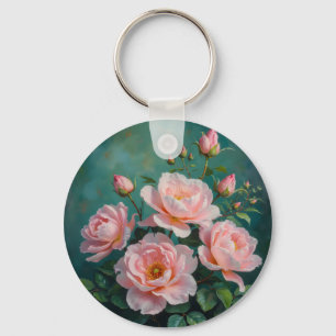 Roze Pioen Kunstwerk op Smaragdgroen Sleutelhanger