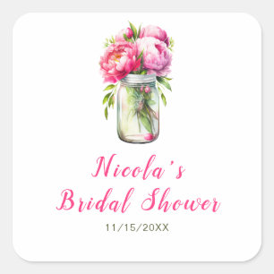 Roze Pioen Mason Jar Bruidsuitnodiging Vierkante Sticker