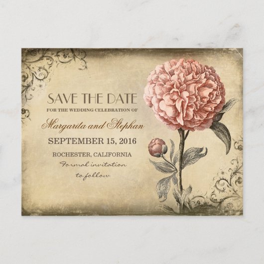 Roze Pioen Save the Date Aankondigingskaart (Voorkant)
