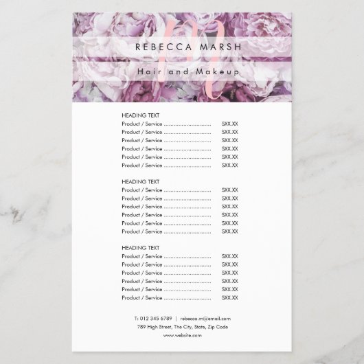 Roze Pioen Script Monogram Salon Service Menu (Voorkant)