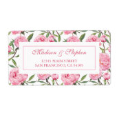 Roze Pioen Waterverf Bloemen - Bruiloft Etiket (Voorkant)