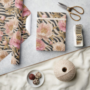 Roze Pioen Zebra Goud Elegant  Cadeaupapier