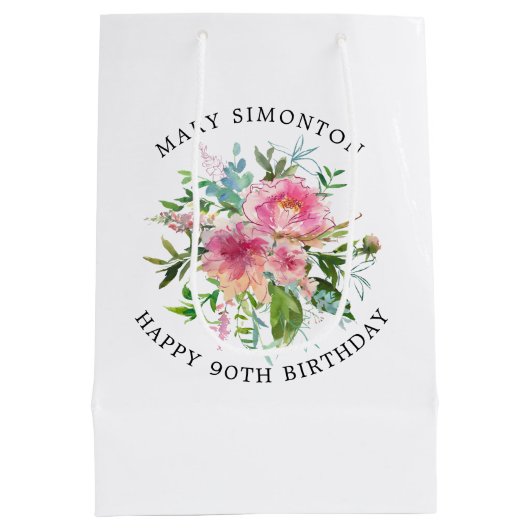 Roze Pioenbloem 90ste Verjaardag Medium Cadeauzakje (Achterkant)