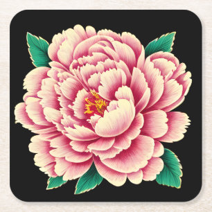 roze pioenbloem vierkante kartonnen onderzetter