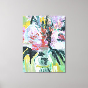 Roze Pioenboeket in glazen vaas Canvas Afdruk