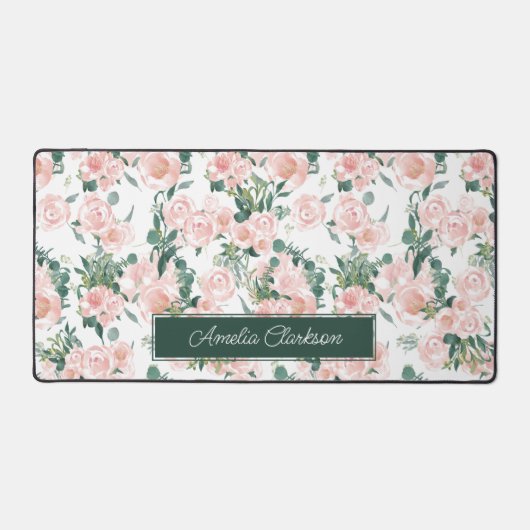Roze Pioenen Bloemen Aangepaste Naam Bureaumat (Voorkant)