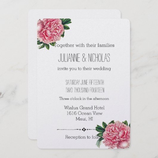 Roze Pioenen Bloemenbruiloft Kaart (Voorkant / Achterkant)