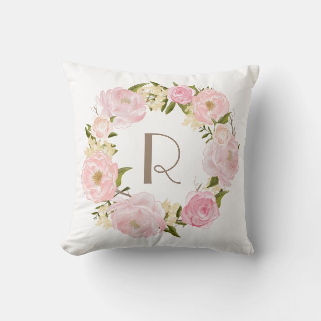 Roze pioenen Bloemenkrans Monogram Kussen (Voorkant)