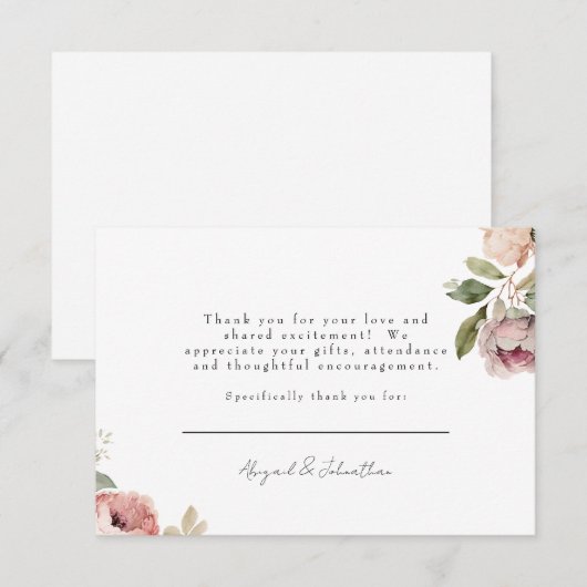 Roze pioenen bruiloft bericht plat dank je kaart (Voorkant / Achterkant)