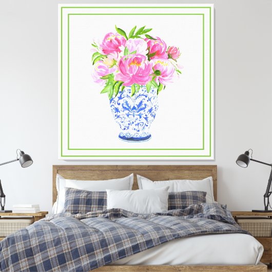 Roze Pioenen Chinoiserie Vaas Groene Rand Canvas Afdruk (Insitu (Slaapkamer))