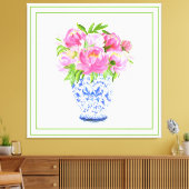 Roze Pioenen Chinoiserie Vaas Groene Rand Canvas Afdruk (Insitu (Woonkamer))