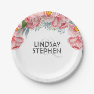 Roze pioenen Floral Elegante bruiloft Papieren Bordje