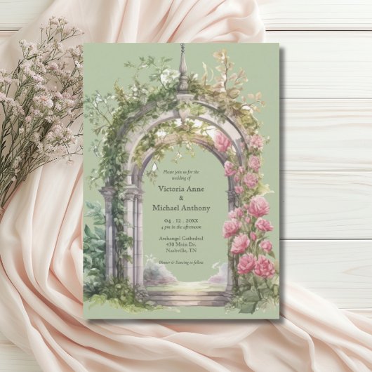 Roze pioenen groen salie boog bruiloft kaart