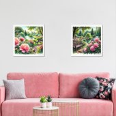 Roze pioenen in het park Waterverf Print Set (Woonkamer)