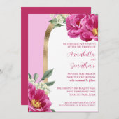 Roze Pioenen met Goud op Roze Bruiloft Kaart (Voorkant / Achterkant)