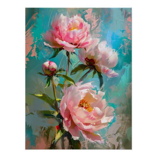 Roze Pioenen op Blauwe Verf Perfect Poster (Voorkant)