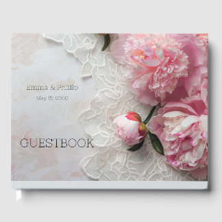 Roze pioenen op kant gastenboek