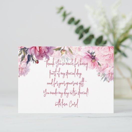 Roze pioenen verjaardagsfeestje waterverf bedankkaart (Staand voorkant)