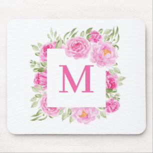 Roze Pioenen Vierkant Bloemen Lijst Monogram Muismat