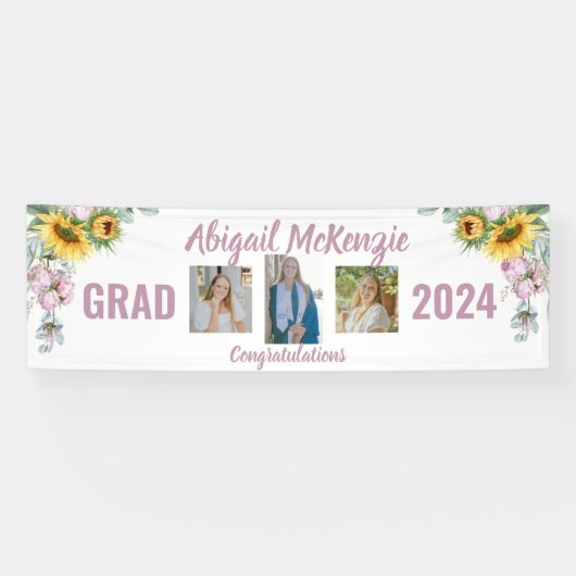 Roze Pioenen Zonnebloem Afstuderen Banner (Horizontaal)