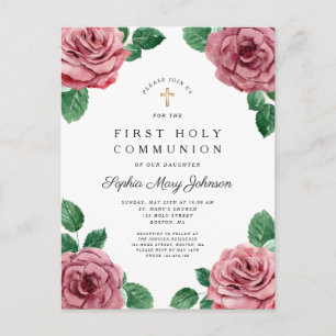 Roze Pioenmeisje Religieuze Eerste Communie Uitnodiging Briefkaart