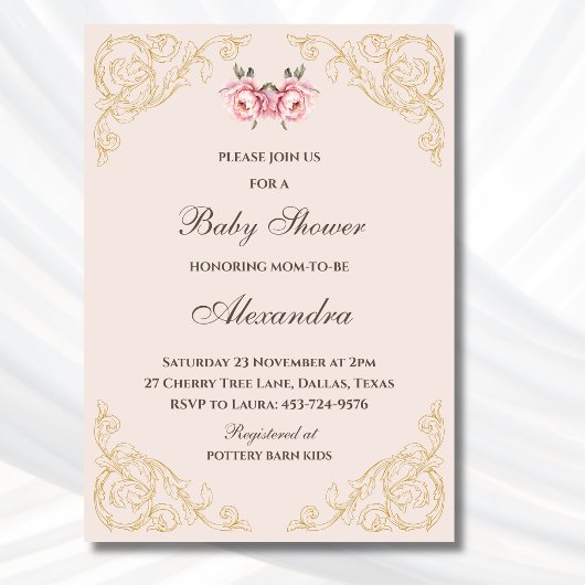 Roze Pioenrococo  Flowers Baby shower Kaart