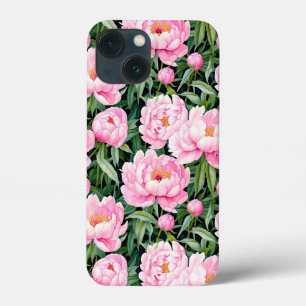 Roze pioenroos bloesems op een bladerige achtergro iPhone 13 mini hoesje
