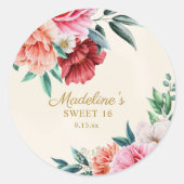 Roze Pioenrozen Bourgondië Bloemen Sweet 16 Ronde Sticker (Voorkant)