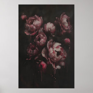 Roze Pioenrozen Donkere Bloemen Kunstprint, Droevi Poster