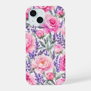 Roze Pioenrozen & Lavendel Waterverf Bloemmotief iPhone 15 Hoesje