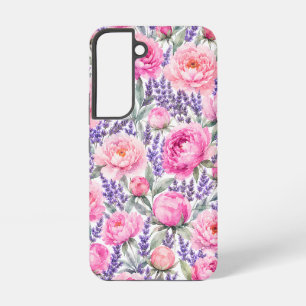 Roze Pioenrozen & Lavendel Waterverf Bloemmotief Samsung Galaxy Hoesje