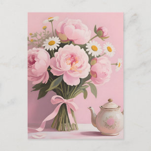 Roze Pioenrozen Madeliefjes Boeket Briefkaart