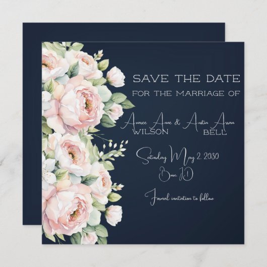 Roze Pioenrozen Navy Achtergrond Bruiloft Save The Date (Voorkant / Achterkant)