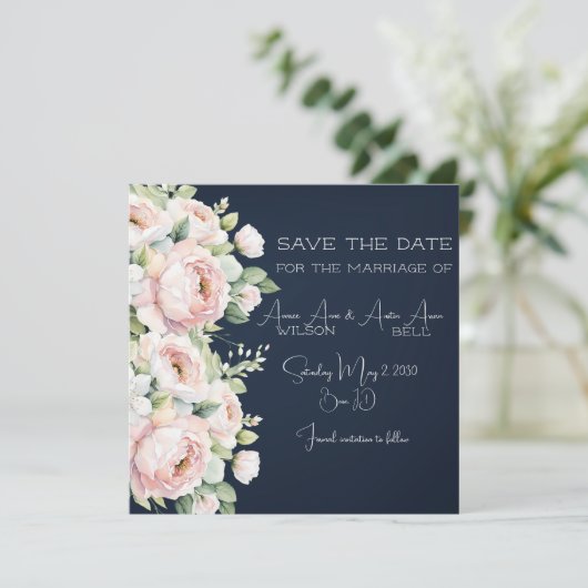 Roze Pioenrozen Navy Achtergrond Bruiloft Save The Date (Staand voorkant)
