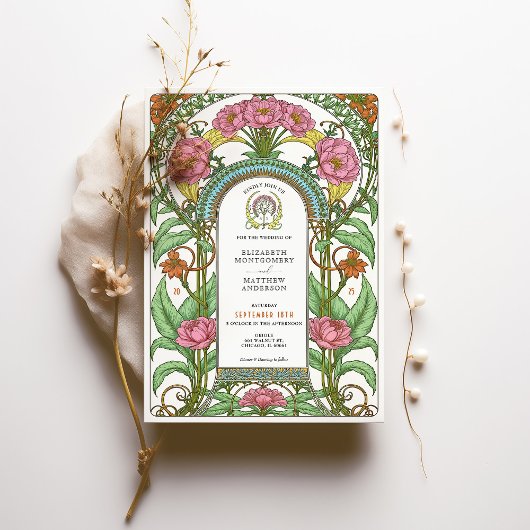 Roze Pioenrozen & Oranje Bloesems Art Nouveau Brui Kaart