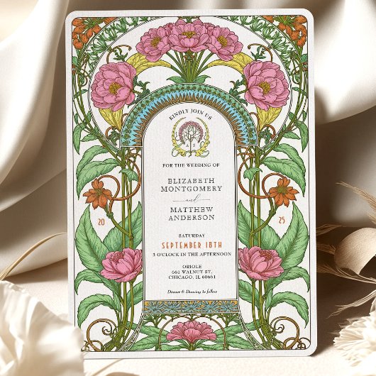 Roze Pioenrozen & Oranje Bloesems Art Nouveau Brui Kaart