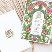 Roze Pioenrozen & Oranje Bloesems Art Nouveau Brui Kaart