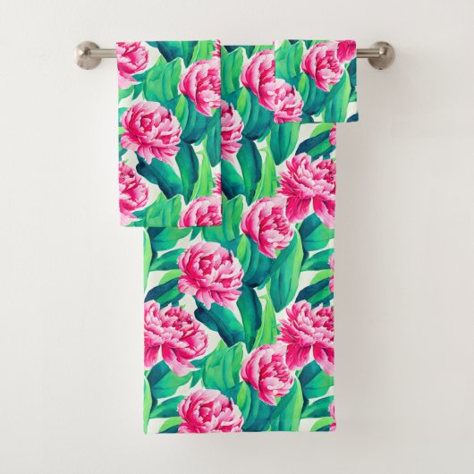 Roze Pioenrozen Waterverf Print Bad Handdoek (Insitu)