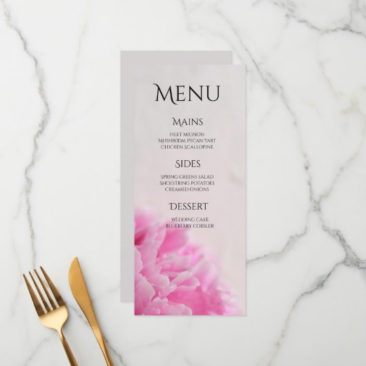 Roze pioenweergave plat menu (Voorkant / Achterkant in situ)