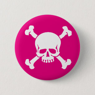 Roze piraat, schedel en kruisgraten ronde button 5,7 cm