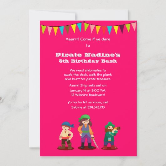 Roze Pirate Birthday Party Custom Invitation Kaart (Voorkant)