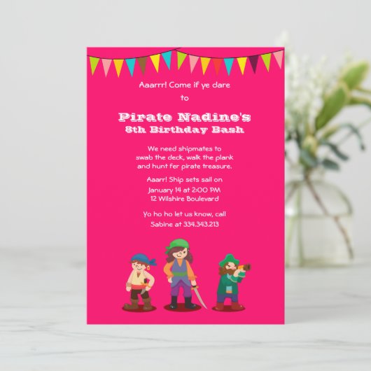 Roze Pirate Birthday Party Custom Invitation Kaart (Staand voorkant)