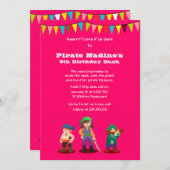 Roze Pirate Birthday Party Custom Invitation Kaart (Voorkant / Achterkant)